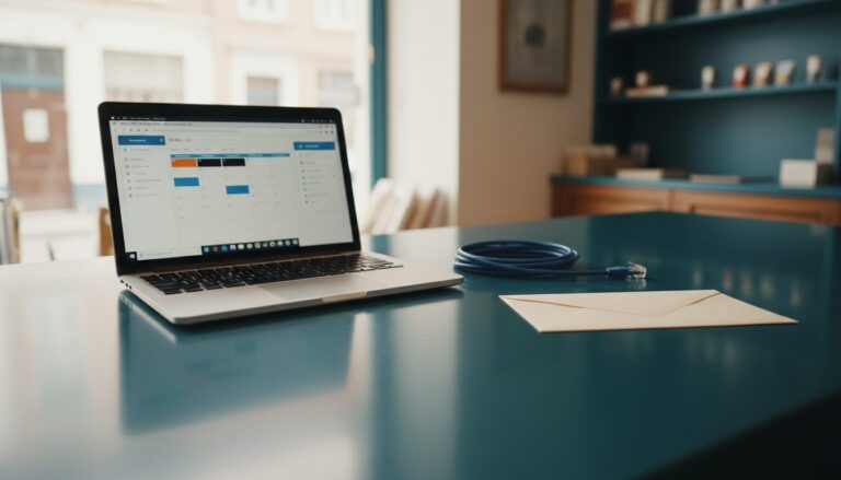 Laptop en kantoormateriaal bij het instellen van Microsoft 365 Business Basic